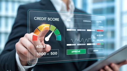 Analyst Reviewing Credit Score on a Clean Digital FinTech Interface. financial analyst hand pointing to a glowing credit score dial on a translucent digital risk assessment interface.