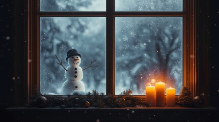 A snowman peeks through the window into the house.