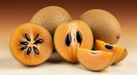  Close-up of fresh sapodilla fruits, whole and sliced, revealing their orange flesh and glossy black seeds. Perfect for illustrating tropical fruits, healthy eating, exotic produce