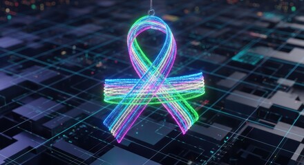 Futuristic digital ribbon made of glowing neon lines symbolizing awareness and support, displayed over a technological grid background. Perfect for illustrating global causes