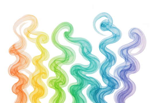 Colorful rainbow abstract smoke or watercolor waves creating a flowing, wavy smoke pattern on transparent background