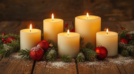 Christmas candles surrounded by pine needles and Christmas tree decorations on a wooden table.