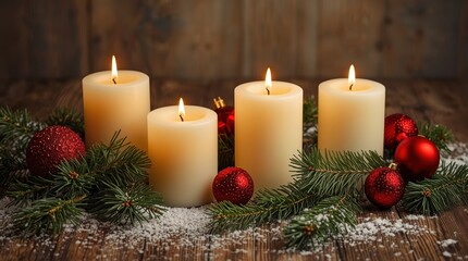 Christmas candles surrounded by pine needles and Christmas tree decorations on a wooden table.