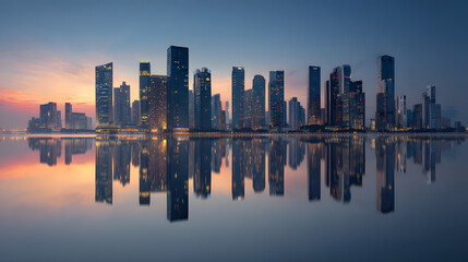 Fototapeta premium Urban Skyline at Sunset: Modern Skyscrapers Reflecting Neon Lights on Tranquil Waterfront