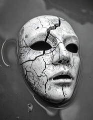 Cracked mask floating in water