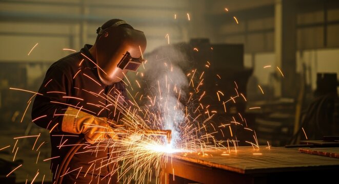 Industrial worker welding metal in a workshop environment with sparks flying for manufacturing and safety themes