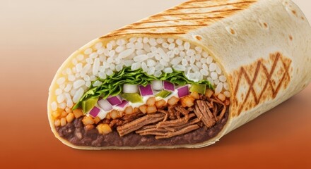 A close-up of a delicious burrito cut in half, revealing layers of rice, beef, beans, vegetables, and sauce wrapped in a toasted tortilla. The vibrant ingredients showcase a mix of textures and colors