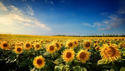 Fototapeta premium Field With Yellow Sunflowers Against The Blue Sky