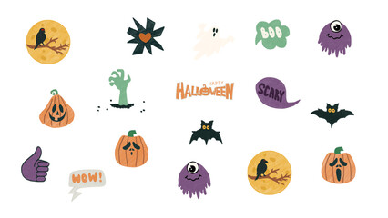 This Halloween illustration pack includes 17 hand-drawn elements on alpha. Featuring pumpkins, ghosts, speech bubbles, bats, and spooky icons – perfect for seasonal content, posters, and social media.