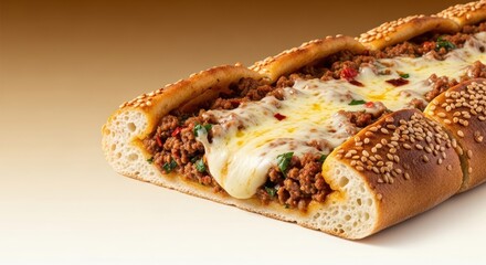 Close-up of a baked bread filled with minced meat, melted cheese, and herbs, showcasing a delicious savory dish with a golden sesame crust. Perfect for illustrating bakery products