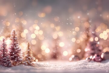 Dreamy winter Christmas background with snowy miniature trees in foreground, warm golden bokeh and gentle snowfall; soft pastel tones, shallow depth of field. Copy space for banners and web headers