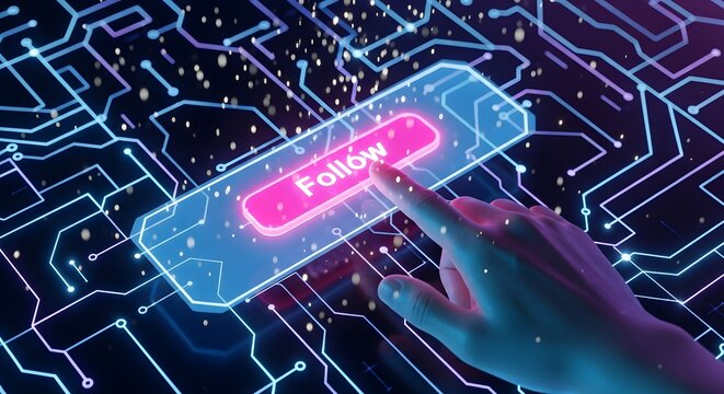 Digital circuit board with glowing phone screen showing network connection icon and a finger interacting with the interface