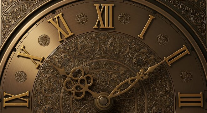 Intricate antique clock mechanism with roman numerals showing time passing through gears and intricate details on a textured metallic surface - Powered by Adobe