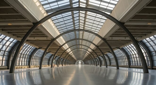 Modern architectural tunnel with glass and steel arches for interior design inspiration
