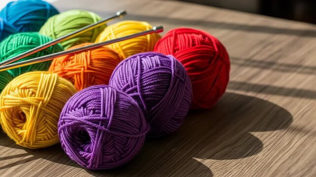 Colorful yarn balls of various colors, some in a row with knitting needles on a wooden surface