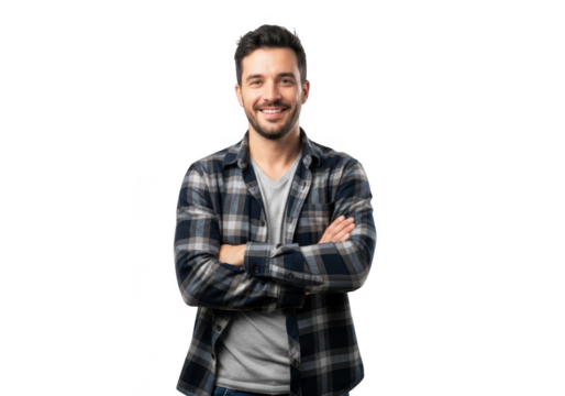 Smiling man with arms crossed wearing plaid shirt and gray tshirt isolated transparent background