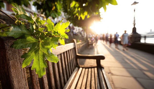 Bench on Thames Embankment at Sunset.