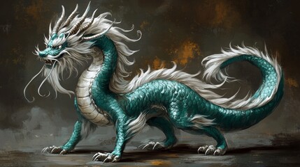 Fototapeta premium Majestic teal chinese dragon with silver fur and horns a mythical creature of wonder