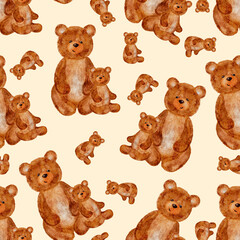 Brown teddy bear watercolor painting seamless pattern design.