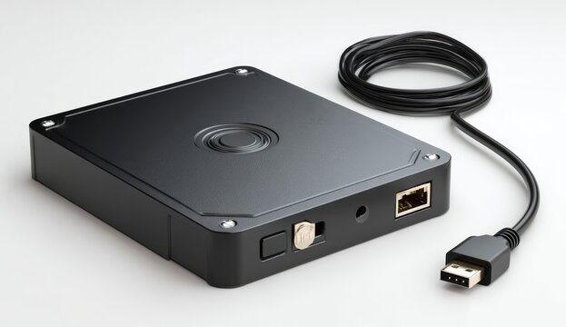 Black electronic device with USB cable.