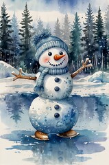 Cheerful snowman skating on ice with trees in a snowy landscape
