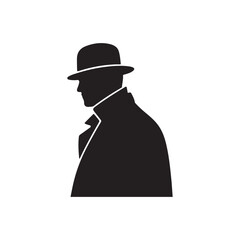 Silhouette of a Man in a Fedora Hat and Suit, Side Profile