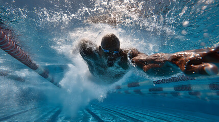 Underwater Swimmer in Action: Competitive Swimming Pool Athlete Splashing in Dynamic Aquatic Sports Photography