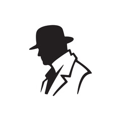 Silhouette of a Man in a Fedora Hat and Suit, Side Profile