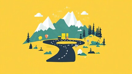 Flat design route planner for efficient logistics through mountainous areas and scenic landscapes