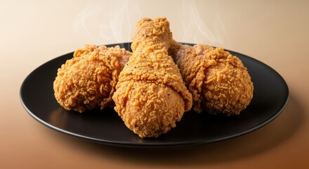 Crispy fried chicken drumsticks served hot on a black plate with steam rising, showcasing golden texture and appetizing presentation perfect for fast food, comfort meals, or culinary advertising
