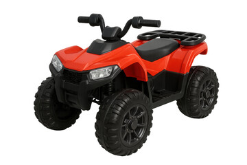 Red plastic toy atv for kids, children's ride-on quad bike, electric four-wheeler playing outdoors