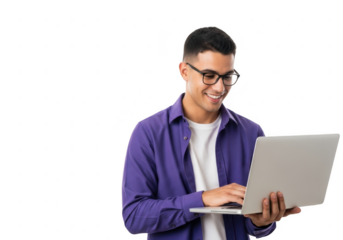 Young man wearing glasses smiling while typing on a laptop computer technology concept transparent background