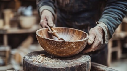 Artisan crafts wooden bowl using traditional techniques in workshop during daylight hours