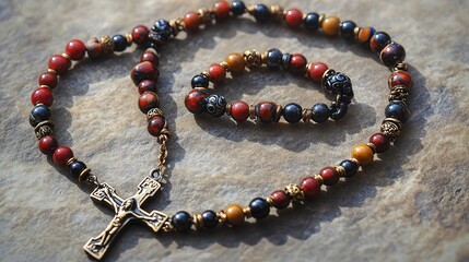 Beaded rosary with a cross pendant resting on textured stone during natural light