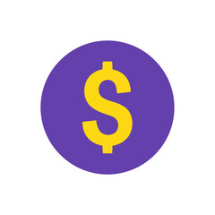Obraz premium Vibrant yellow dollar sign enclosed in a purple circle, a modern financial icon. Simple flat vector graphic symbolizing currency, economy, and business transactions