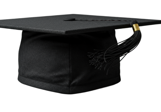 Ultra close-up black graduation mortarboard cap with dynamic black tassel and gold band mid-swing, isolated on transparent with studio rim lights, hyperrealistic macro shot, concept of academic