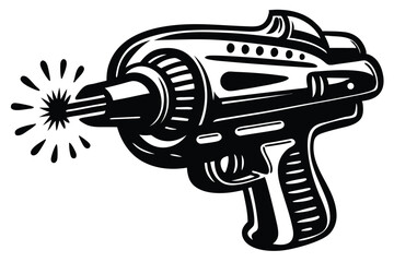 Naklejka premium Retro ray gun in black and white emits sparkling light energy beams outward powerfully