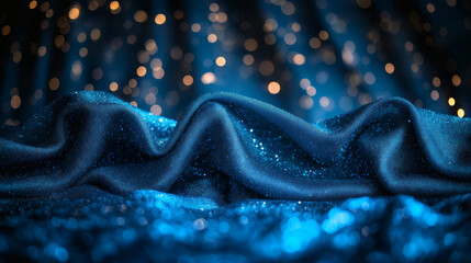 Obraz premium Dark blue glitter fabric with festive bokeh lights in elegant night setting. Copy space