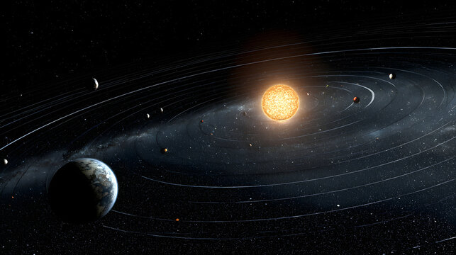 Planetary Orbit in a Cosmic Expanse: Aesthetic Digital Art of the Solar System and Earth in Space Exploration with Nearby Stars