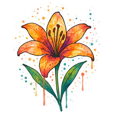 A single bright lily illustration with clear black contour lines, featuring a watercolor texture, heavy paint drips and splashes. Perfect for pop art and modern design. Transparent background