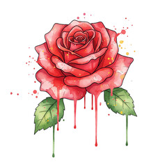 A single bright red rose illustration with clear black contour lines, featuring a watercolor texture, heavy paint drips and splashes. Perfect for pop art and modern design. Transparent background