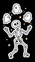 A flat illustration of a cartoon skeleton that juggles ghosts. A Halloween card on a black isolated background. Vector graphics. EPS.