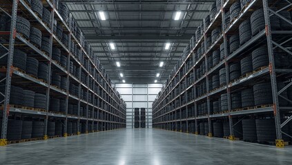 Obraz premium Warehouse storage of new tires ready for distribution and sale