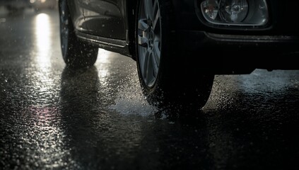 Car tire splashing through a puddle on a wet road during a rainstorm