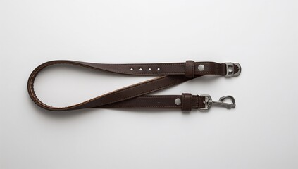 brown leather dog leash with silver hardware on a white background