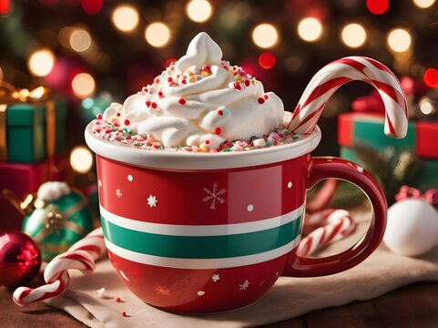 Festive hot chocolate drink with whipped cream and candy cane