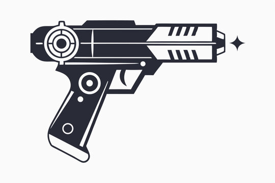 Stylized raygun emits a single star, conveying futuristic technological concept in silhouette