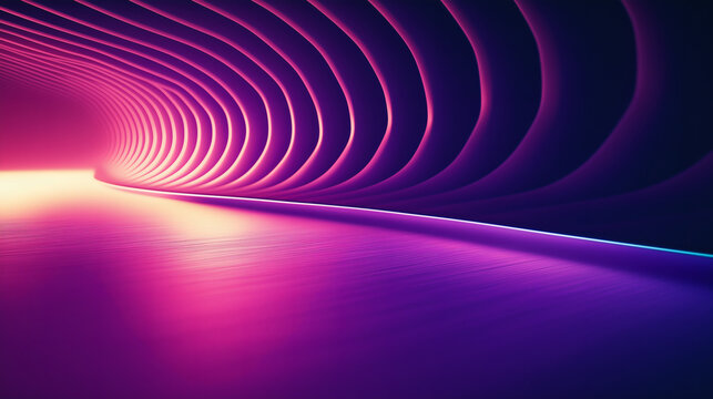 Futuristic curved neon tunnel with glowing purple and pink lights