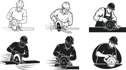 Flat vector workers cutting wood with circular saw, construction safety, industrial labor, manual work, protective gear, woodworking process, technical drawing illustration