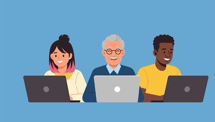 Diverse team working together, a happy intergenerational group collaborates on laptops, showing inclusion, diversity, and teamwork in a modern setting